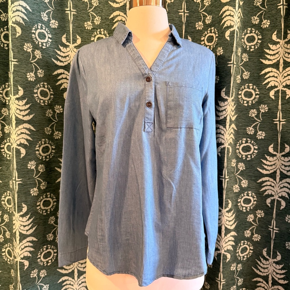 Allegra K Denim Chambray Blue Collared V-neck Long Sleeve Shirt Size Small
